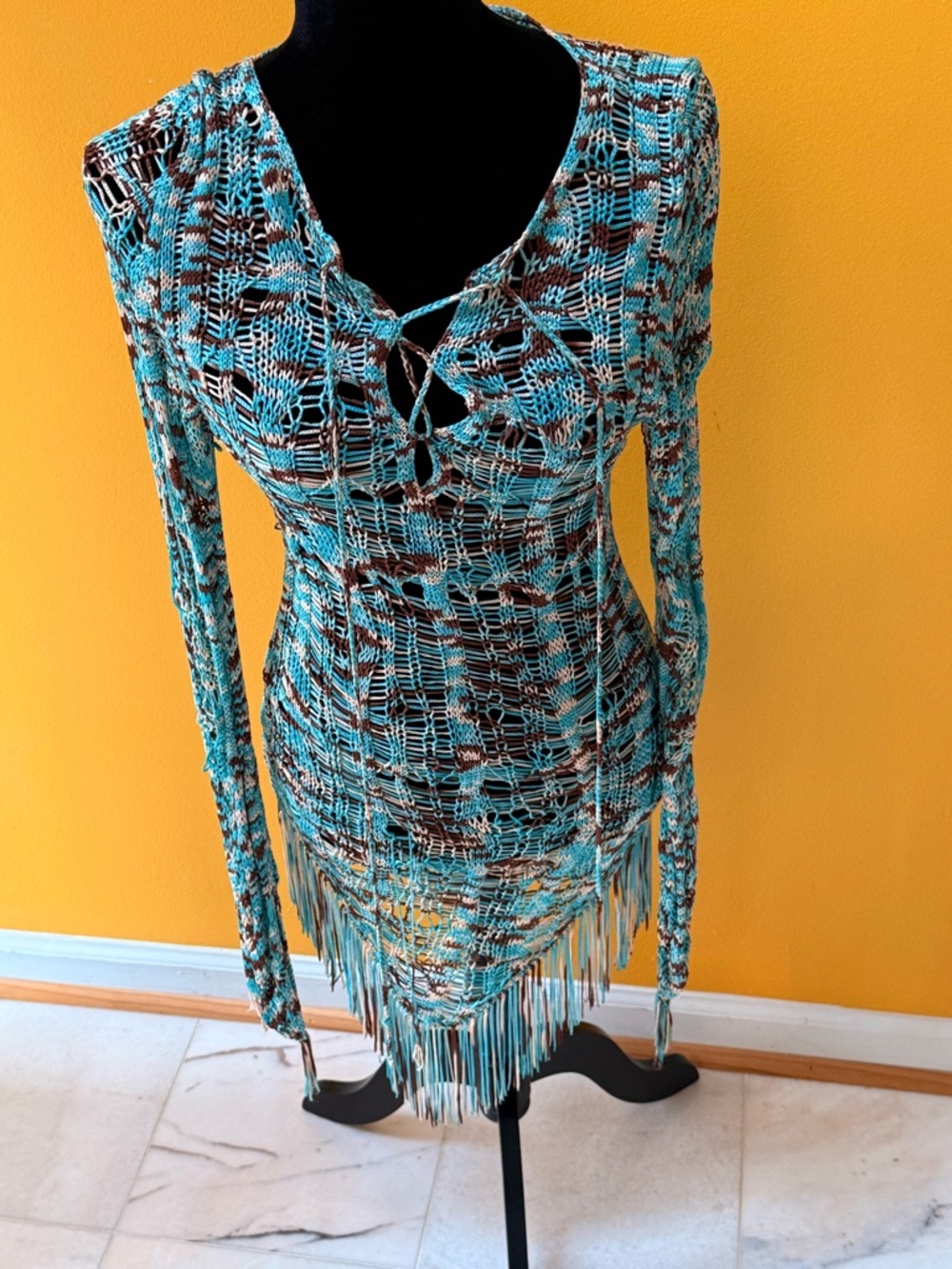 Cache Turquoise Brown Black Open-Knit Fringe Tunic